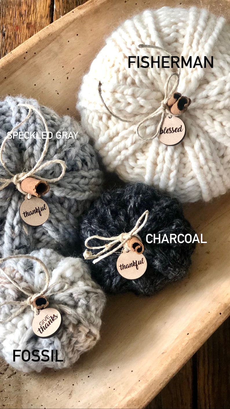 Peut inclure: Quatre citrouilles tricot&eacute;es dans diff&eacute;rentes couleurs et textures. Les citrouilles sont &eacute;tiquet&eacute;es "Fisherman", "Speckled Gray", "Charcoal" et "Fossil". Chaque citrouille a une petite &eacute;tiquette en bois avec un mot dessus : "blessed", "thankful", "thankful" et "give thanks".