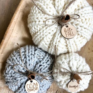 Peut inclure: Trois citrouilles tricot&eacute;es avec des &eacute;tiquettes en bois. Les &eacute;tiquettes disent "hello fall", "cozy season" et "thankful".