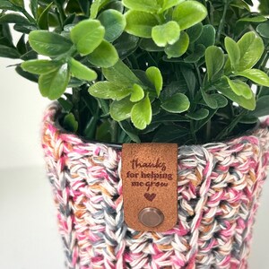 Plant cozy crochet, plant lover gift, just live tag on planter crochet sleeve, plant gift for friend, plant gift for her, graduation gift image 5