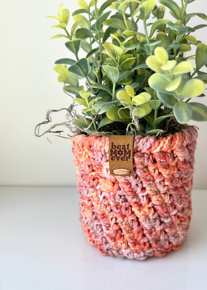 May include: A crocheted plant pot in shades of pink and orange with a brown leather tag that reads "best mom ever".