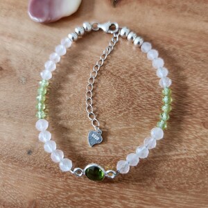 Pink Quartz and Peridot Gemstone Bracelet with Peridot Centerpiece, Love, Harmony & Positivity, Crystal Jewelry Gift, August Birthstone