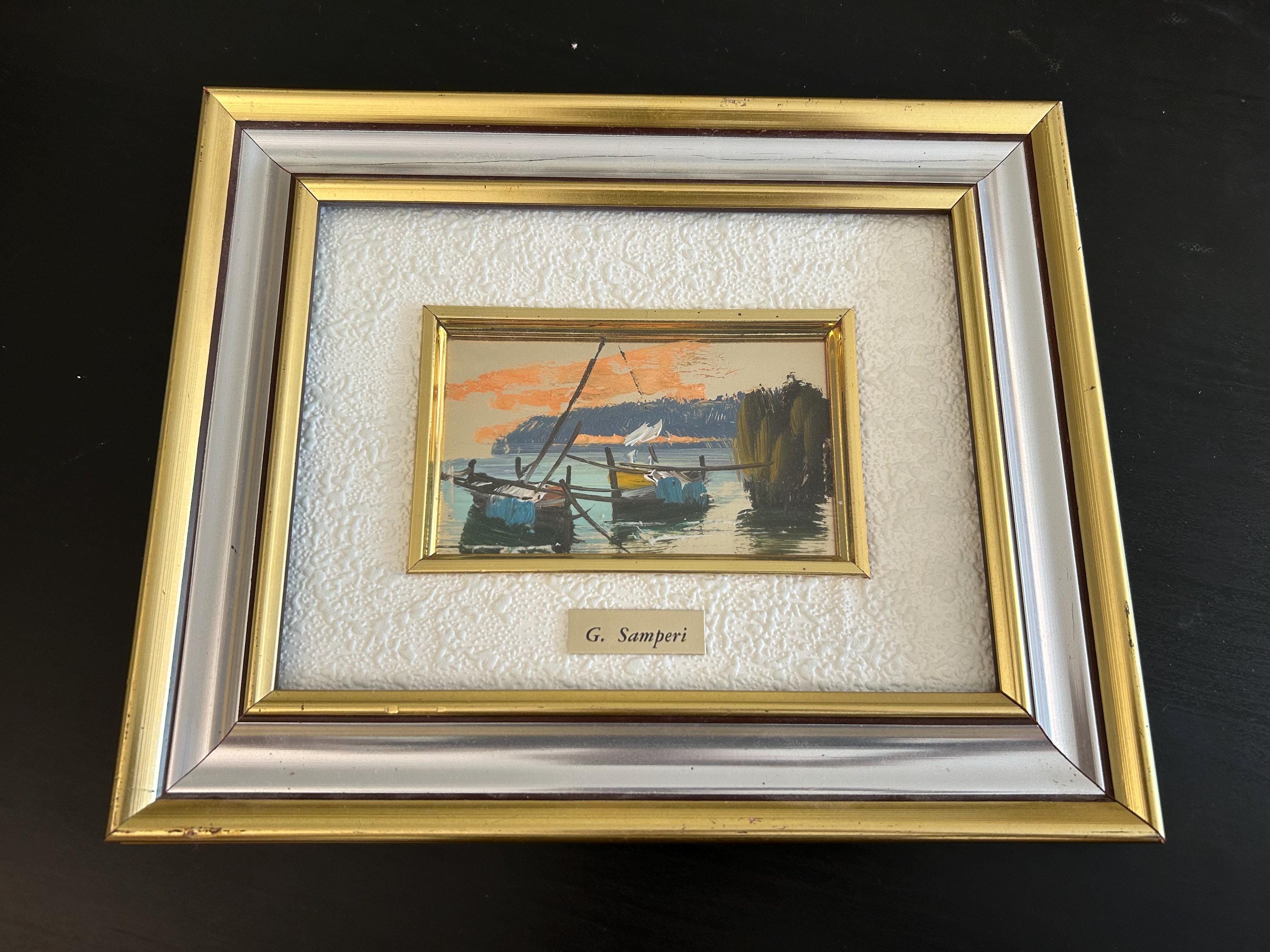 Original Italienische Ölfarbe Handgemalt von Signiert G. Samperi PAESAGGIO Italy Goldrahmen / Glas Vintage