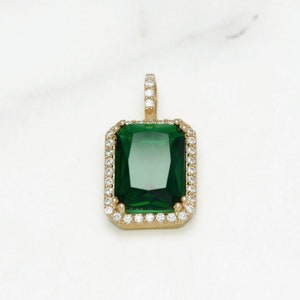 Pendant - 10K yellow gold green emerald cut stone with cz pave setting - PEG119