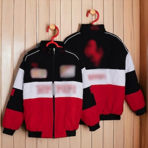 Vintage Racing Windbreaker Jacket, Retro Black Blue White Chockablock Outerwear with Bold Geometric Design, Classic Unisex Street wear