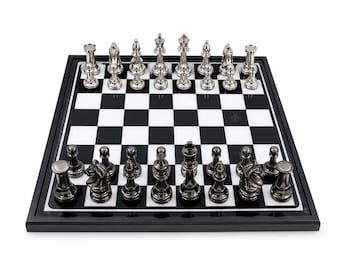 Metal Chess Set – Black Silver Pieces, Strategy Board Game, Executive Gaming