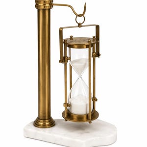 Antique Brass Hanging Hourglass Sand Timer, White Sand, Marble Base, Nautical Decor