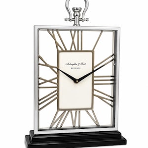 Premium Silver Roman Numeral Table Clock – Luxury Metal Decorative Desk Clock with Black Wooden Base | Modern Home & Office Décor Accent