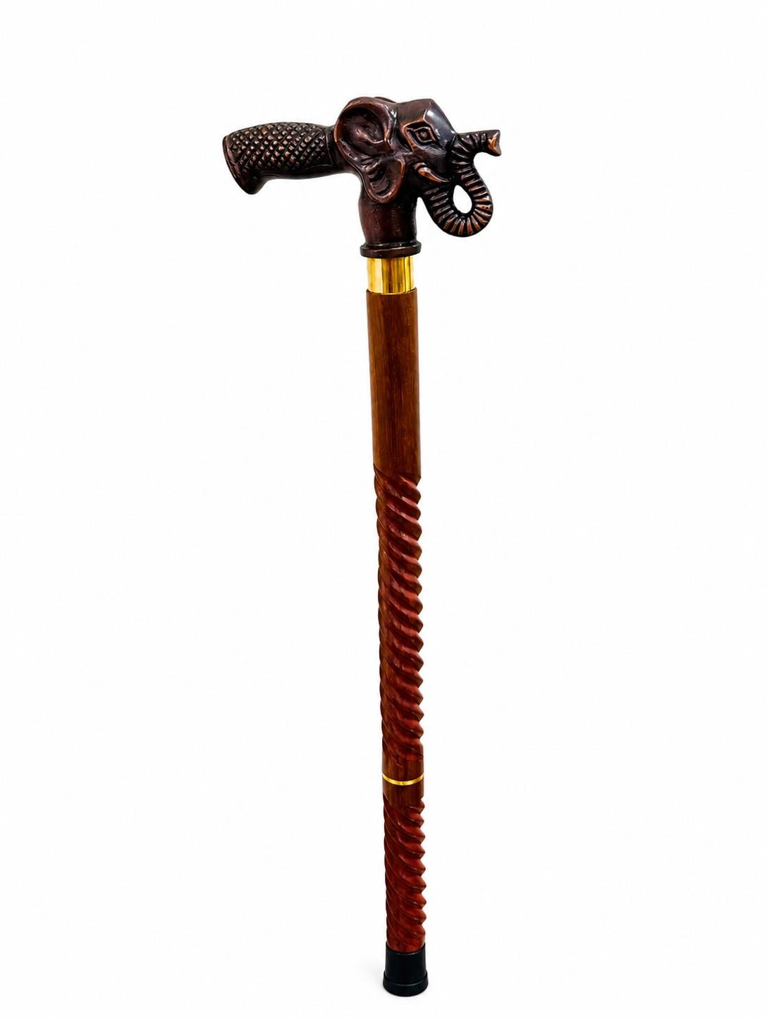 Hand-Carved Elephant Head Walking Cane - Spiral Hardwood Walking Stick with Brass Collar