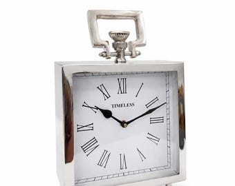 Silver Square Table Clock, Roman Numeral Dial, Decorative Handle, Metal Home Office Décor