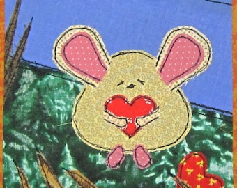 Fabric Art Greeting Card Write Your Own Note Mouse Hearts Cash Pocket Gift Send Love Sorry Birthday Thank You Folk Art