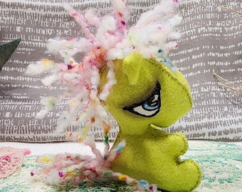 Baby Unicorn 100% Merino Wool Felt Doll Handmade Fantasy Creature Hand Painted Sewn Eyes Messy Yarn Mane Apple Green Rainbow Beads