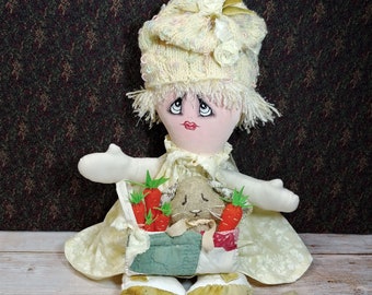 Handmade Cloth Art Rag Doll With FREE Wool Felt Bunny Carrots Bag Country Boho Folk Farmhouse Cottage