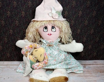 Handmade Cloth Art Rag Doll Wool Felt Bunny Pet Country Boho Folk Farmhouse Cottage Home Decor Bitsy Bloomers Wizard Hat