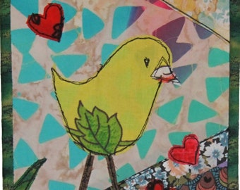 Sending Love Handmade Fabric Greeting Card Folk Art Write on Back Yellow Bird Hearts Color Envelope