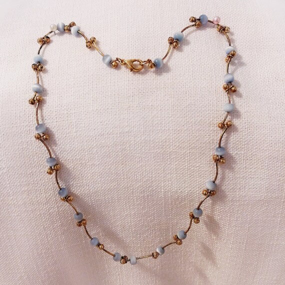 Vintage Blue Grey Ball Beads Necklace Drawstring P