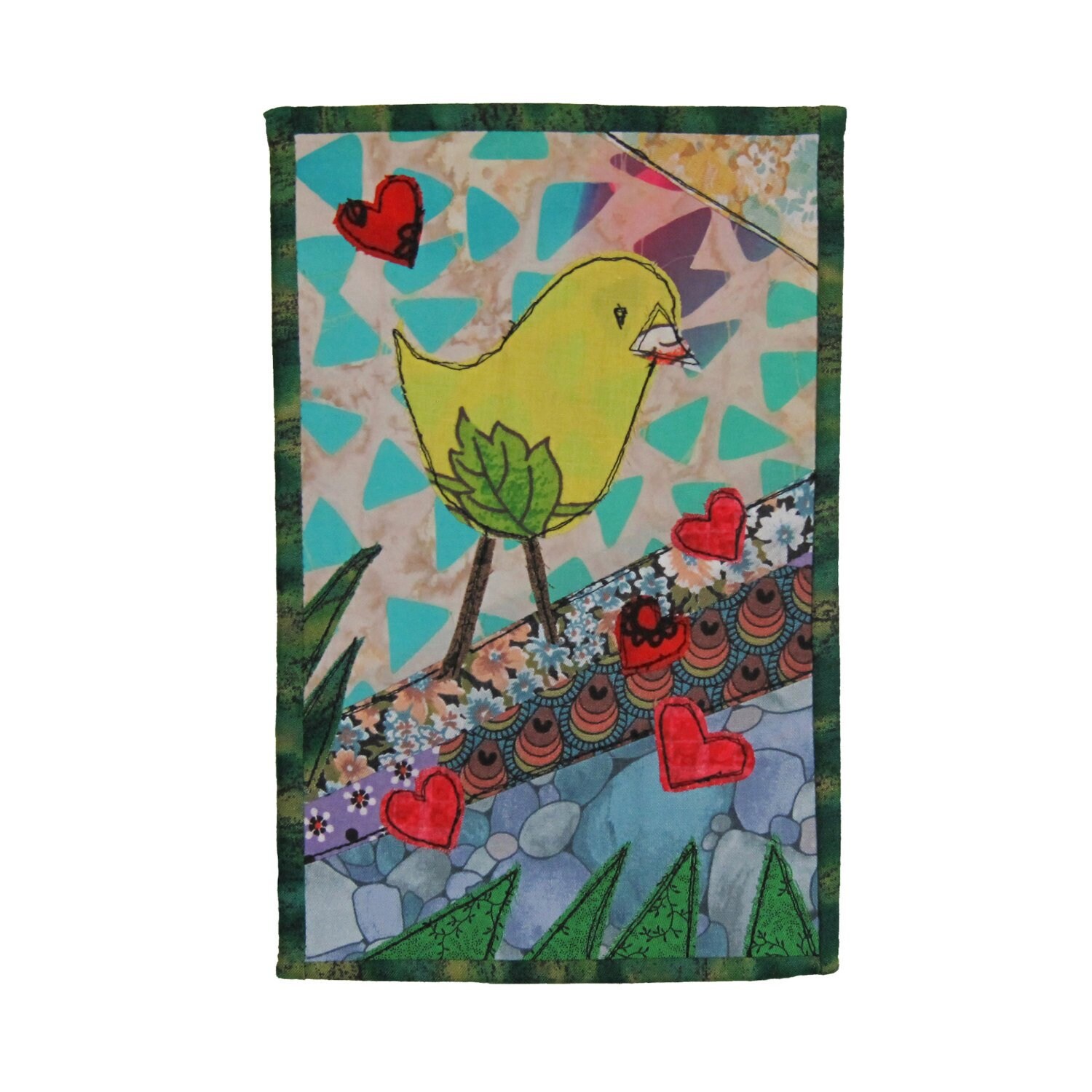 Handmade Fabric Art Greeting Card Yellow Bird Write Your Note Friend Gift