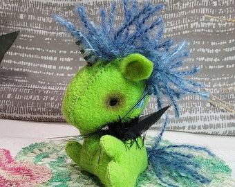 Baby Unicorn 100% Merino Wool Felt Doll Handmade Fantasy Creature Hand Painted Sewn Eyes Messy Scraggly Yarn Mane Green Zombie