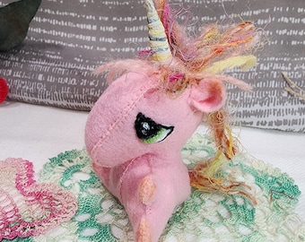 Baby Unicorn 100% Merino Wool Felt Doll Handmade Fantasy Creature Hand Painted Sewn Eyes Messy Scraggly Yarn Mane Pink Orange