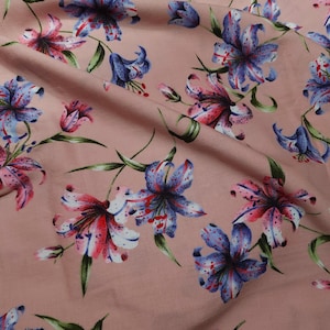 Vintage MM Fab Rayon Challis Sewing Fabric Floral Print Pink Blue Red 4 Yards