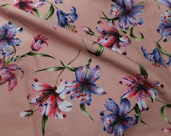 Vintage MM Fab Rayon Challis Sewing Fabric Floral Print Pink Blue Red 4 Yards