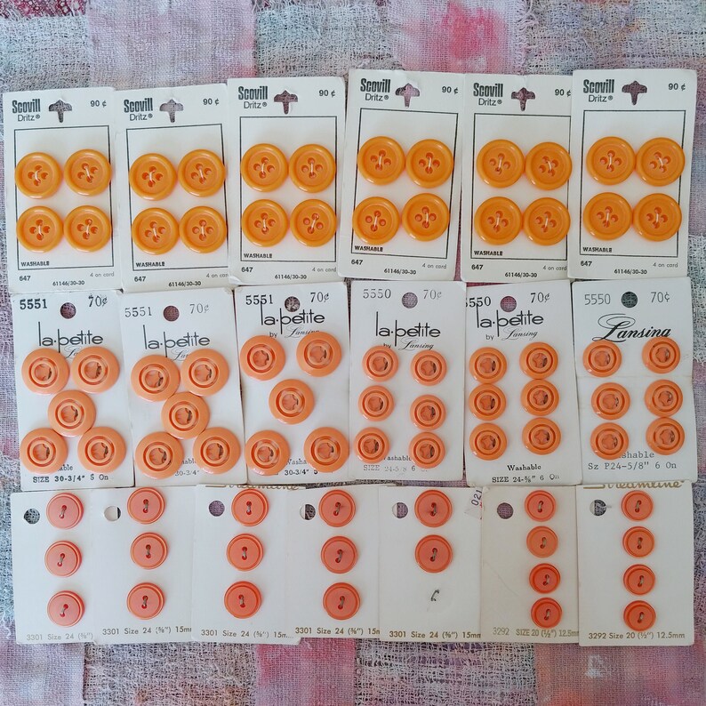 Vintage 60s Buttons Orange Peach Salmon 1960s 70s 19 Cards 79 Buttons Scovill Dritz LaPetite Streamline Lansing FREE SHIPPING image 1