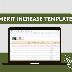 May include: A laptop screen displaying a spreadsheet titled "EZ HR Merit Increase Template". The spreadsheet includes columns for employee name, performance rating, employment type, full-time equivalent, and pay rate.