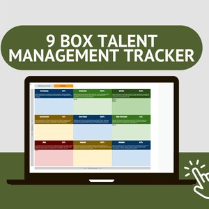 May include: A laptop screen displaying a 9 Box Talent Management Tracker. The tracker is divided into nine boxes, each with a different color and label. The labels include "Underperforming", "Rising Star", "All Star", "Disengaged", "Core Player", "High Performer", "Risk", "Contenders", and "Mobilize".