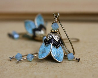 Blue Flower Earrings, Flower Dangle Earrings, Floral Drop Earrings, Romantic Gift For Her, Girlfriend Gift, Blue Floral Earrings, Mom Gift