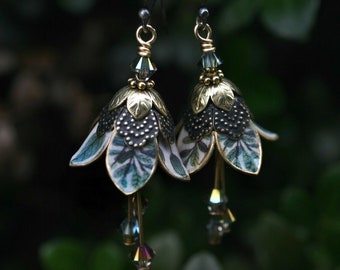 Leaf Earrings, Dangle Leaf Flower Earrings, Romantic Gift For Girlfriend, Wife Gift, Floral Earrings, Floral Jewelry, Crystal Earrings