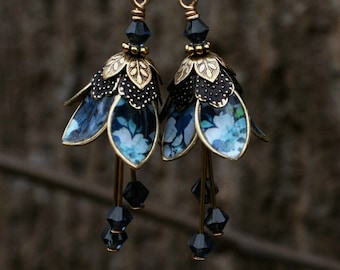 Blue Flower Dangle Earrings, Brass Dangle Earrings, Lilly Dangle Earrings, Gift For Girlfriend, Floral Earrings, Crystal Dangle Earrings