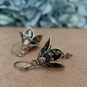 Black Flower Leaf Earrings, Dangle Earrings, Lilly Flower Earrings, Flower Earrings, Black Earrings, Brass Earrings, Crystal Earrings image 4