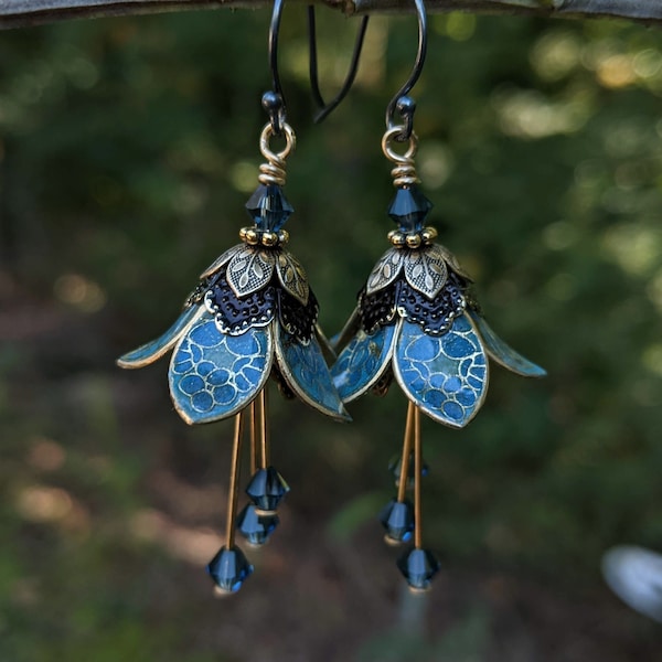 Blue Flower Dangle Earrings, Lilly Drop Earrings, Crystal Dangle Earrings, Brass Flower Dangle Earrings, Gift For Gardener, Gift For Her