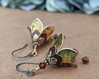 Yellow Flower Dangle Earrings, Brass Flower Dangle Earrings, Sunflower Dangle Earrings, Crystal Flower Dangle Earrings, Gift For Wife