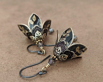 Black Flower Leaf Earrings, Dangle Earrings, Lilly Flower Earrings, Flower Earrings, Black Earrings, Brass Earrings, Crystal Earrings