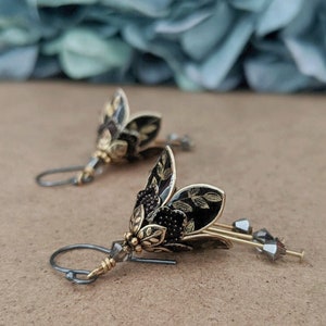 Black Flower Leaf Earrings, Dangle Earrings, Lilly Flower Earrings, Flower Earrings, Black Earrings, Brass Earrings, Crystal Earrings image 2