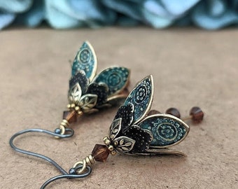 Teal Flower Dangle Earrings, Brass Dangle Earrings, Crystal Dangle Earrings, Lilly Flower Dangle Drop Earrings, Gift For Wife, Gift For Her