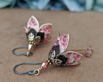 Pink Rose Floral Earrings, Dangle Drop Flower Earrings, Lilly Earrings, Crystal Earrings, Dangle Earrings, Gift For Wife, Gift For Friend