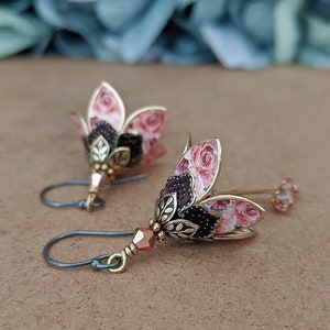 Pink Rose Floral Earrings, Dangle Drop Flower Earrings, Lilly Earrings, Crystal Earrings, Dangle Earrings, Gift For Wife, Gift For Friend image 1