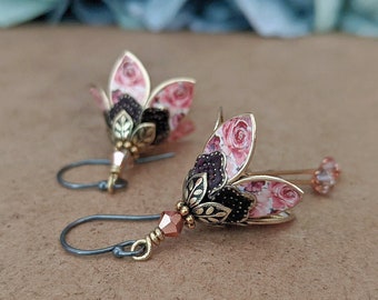 Pink Flower Earrings, Rose Dangle Earrings, Pink Dangle Floral Earrings, Crystal Earrings, Brass Earrings, Leaf Earrings, Lilly Earrings