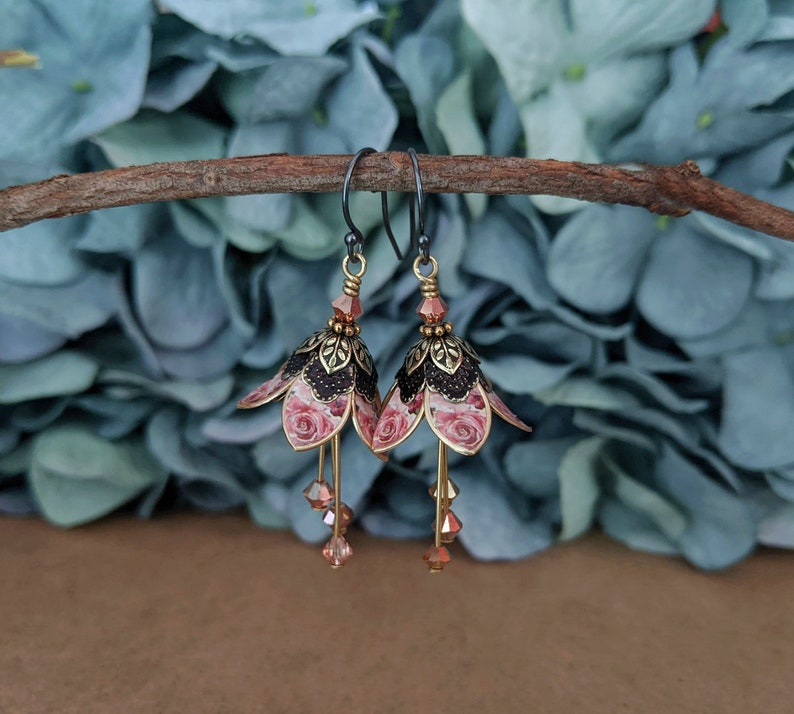 Pink Rose Floral Earrings, Dangle Drop Flower Earrings, Lilly Earrings, Crystal Earrings, Dangle Earrings, Gift For Wife, Gift For Friend image 2