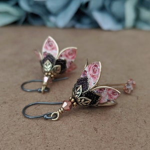 Pink Rose Floral Earrings, Dangle Drop Flower Earrings, Lilly Earrings, Crystal Earrings, Dangle Earrings, Gift For Wife, Gift For Friend image 4