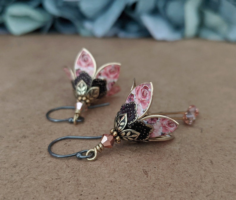 Pink Rose Floral Earrings, Dangle Drop Flower Earrings, Lilly Earrings, Crystal Earrings, Dangle Earrings, Gift For Wife, Gift For Friend image 4