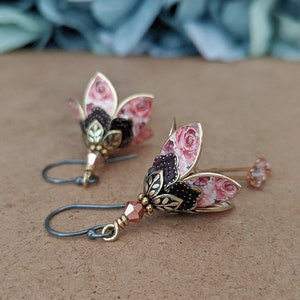 Pink Rose Floral Earrings, Dangle Drop Flower Earrings, Lilly Earrings, Crystal Earrings, Dangle Earrings, Gift For Wife, Gift For Friend image 3