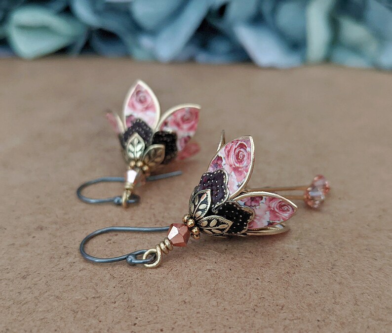 Pink Rose Floral Earrings, Dangle Drop Flower Earrings, Lilly Earrings, Crystal Earrings, Dangle Earrings, Gift For Wife, Gift For Friend image 3