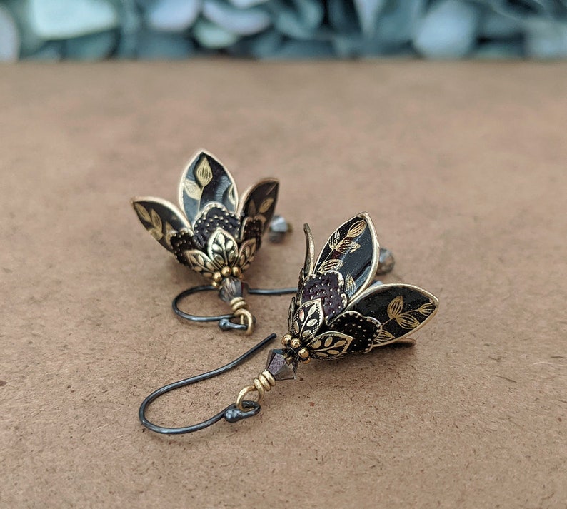 Black Flower Leaf Earrings, Dangle Earrings, Lilly Flower Earrings, Flower Earrings, Black Earrings, Brass Earrings, Crystal Earrings image 5
