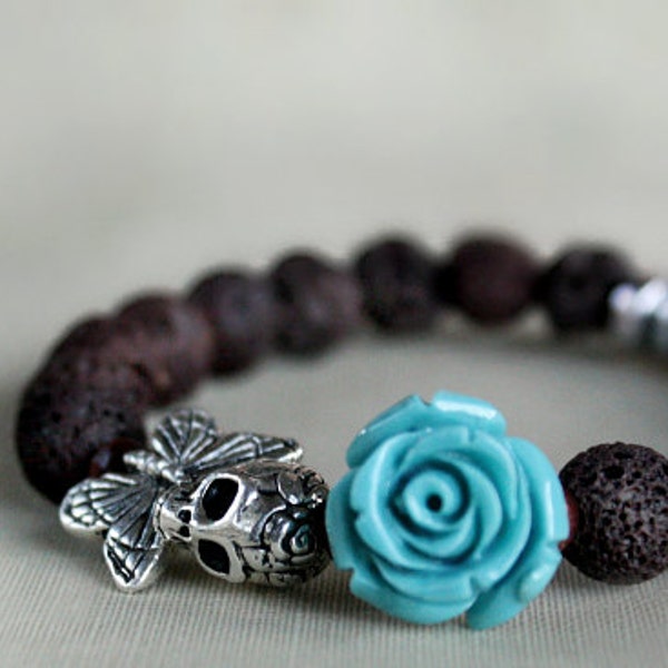 Skull Bracelet, Stretch Bracelet, Flower Bracelet, Gift For Her, Gift Ideas, Gift For Girlfriend, Modern, Goth, Rocker Chic, Gothic Jewelry