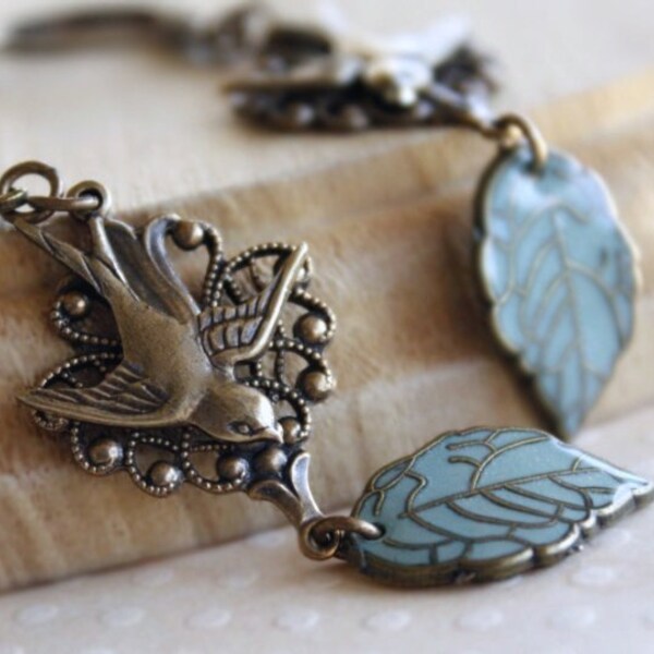 Bird leaf earrings aqua brass earrings
