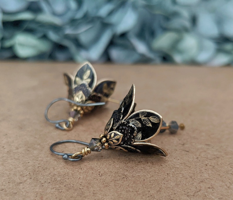 Black Flower Leaf Earrings, Dangle Earrings, Lilly Flower Earrings, Flower Earrings, Black Earrings, Brass Earrings, Crystal Earrings image 4