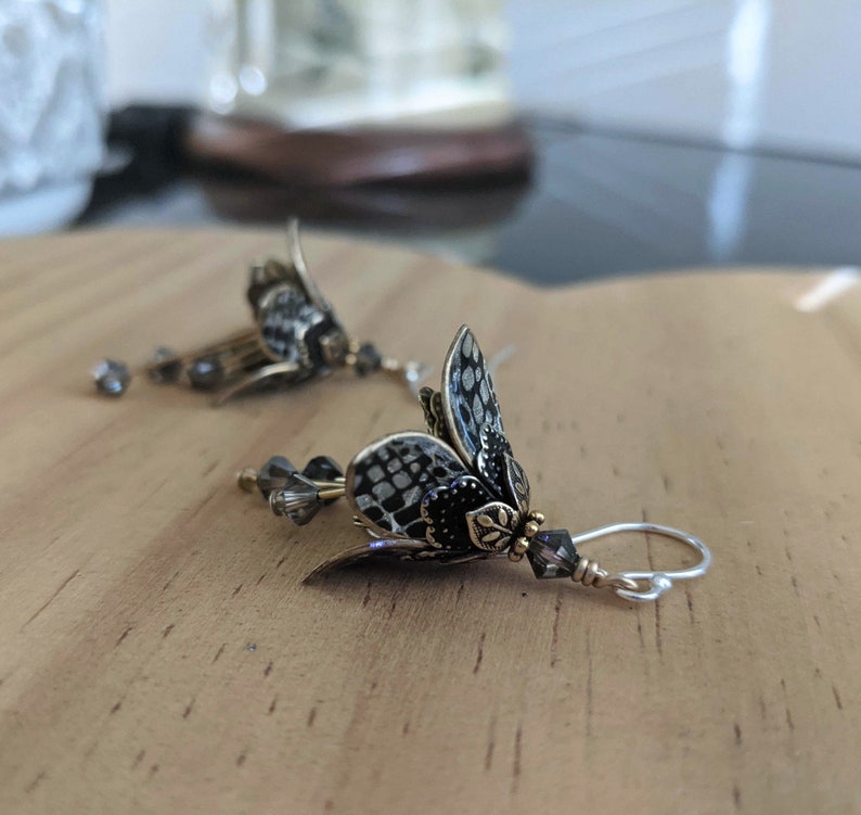 Dangle Drop Flower Earrings, Silver Black Drop Dangle Earrings, Snake Print Dangle Drop Earrings, Romantic Gift For Her, Christmas Gift image 4