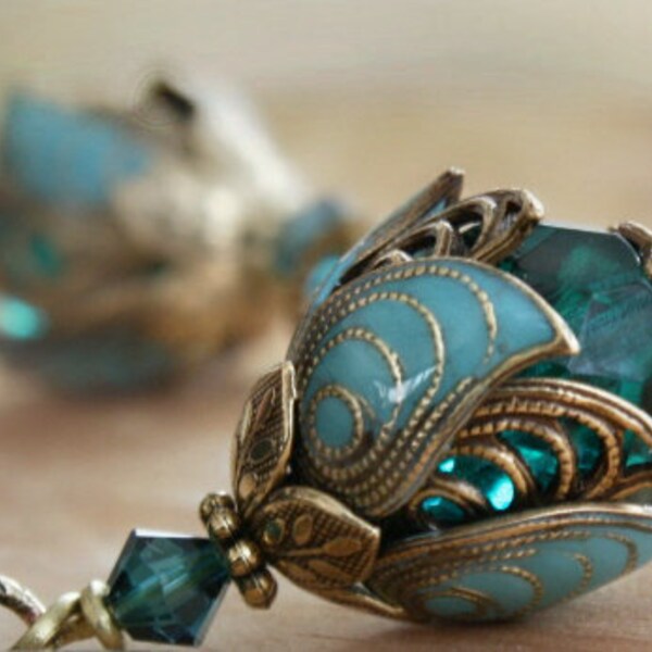Flower dangle earrings teal aqua blue brass crystal